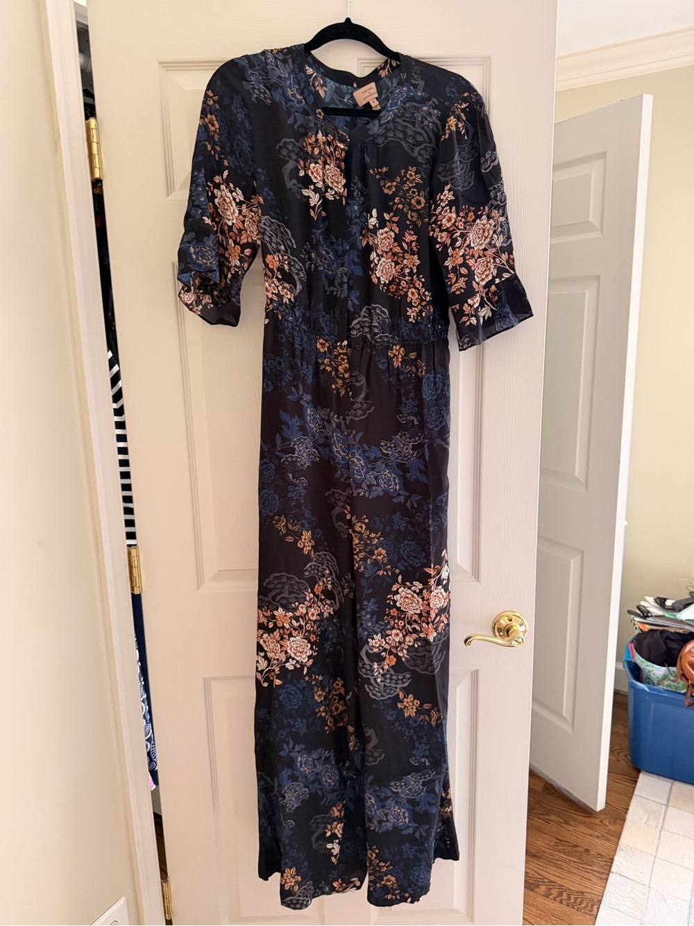 Anthropologie Navy Floral Tie-Neck Jumpsuit with Blush Accents
